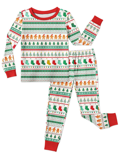 Girls Long Sleeve Pajama Set Snug Fit 2-Piece Tag-Free Sleepwear - Christmas Striped Gingerbread