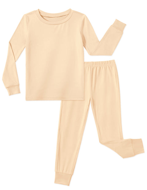 Girls Long Sleeve Pajama Set Snug Fit 2-Piece Tag-Free Sleepwear - Beige