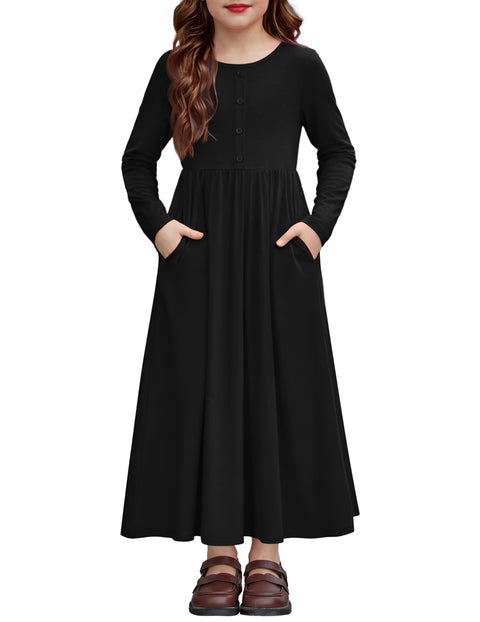 Girls Long Sleeve Button Front Maxi Dress with Pockets