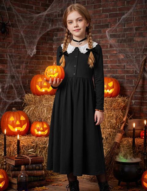 Girls Long Sleeve Button Front Maxi Dress with Pockets - Black
