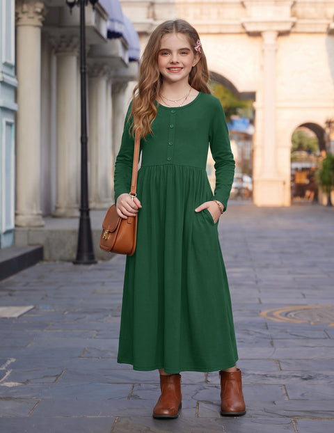 Girls Long Sleeve Button Front Maxi Dress with Pockets - Dark Green