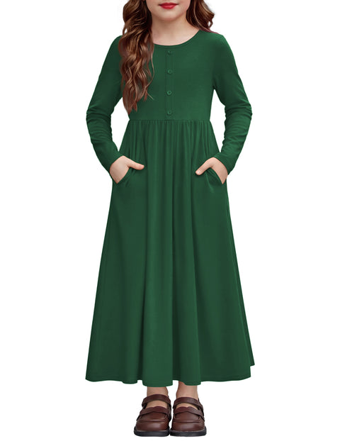 Girls Long Sleeve Button Front Maxi Dress with Pockets