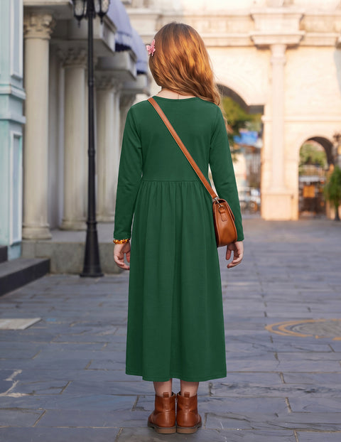 Girls Long Sleeve Button Front Maxi Dress with Pockets - Dark Green