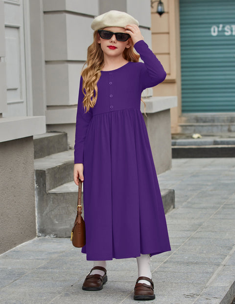 Girls Long Sleeve Button Front Maxi Dress with Pockets - Dark Purple