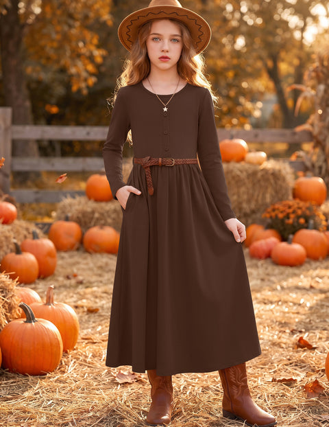 Girls Long Sleeve Button Front Maxi Dress with Pockets - Brown