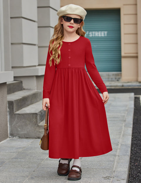 Girls Long Sleeve Button Front Maxi Dress with Pockets - Red