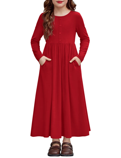 Girls Long Sleeve Button Front Maxi Dress with Pockets