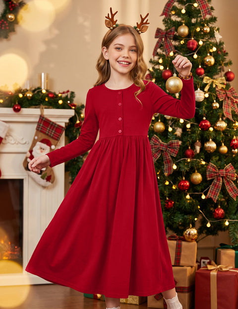 Girls Long Sleeve Button Front Maxi Dress with Pockets - Red