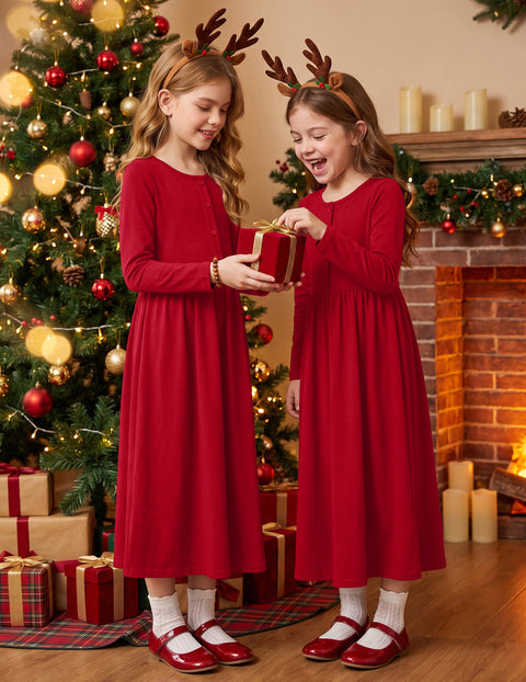 Girls Long Sleeve Button Front Maxi Dress with Pockets - Red