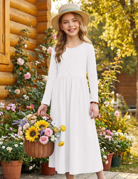 Girls Long Sleeve Button Front Maxi Dress with Pockets - White