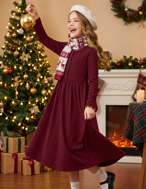 Girls Long Sleeve Button Front Maxi Dress with Pockets - Wine Red