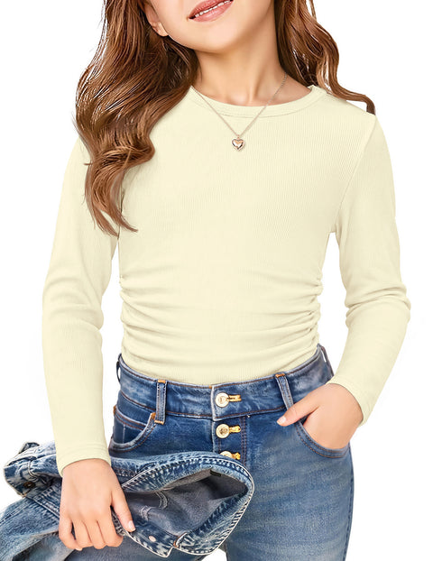 Girls Long Sleeve Side Ruched Slim Fit Ribbed Crewneck Top - Beige
