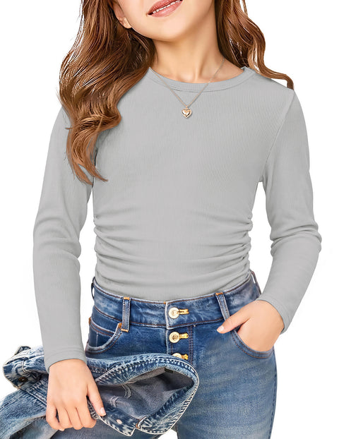 Girls Long Sleeve Side Ruched Slim Fit Ribbed Crewneck Top - Light Gray