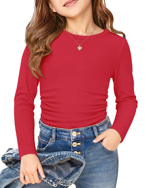 Girls Long Sleeve Side Ruched Slim Fit Ribbed Crewneck Top - Red