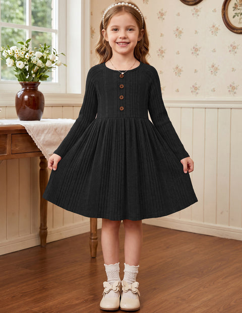 Toddler Girls Knit Sweater Dress Long Sleeve Button A-Line Fall Winter Dress - Black