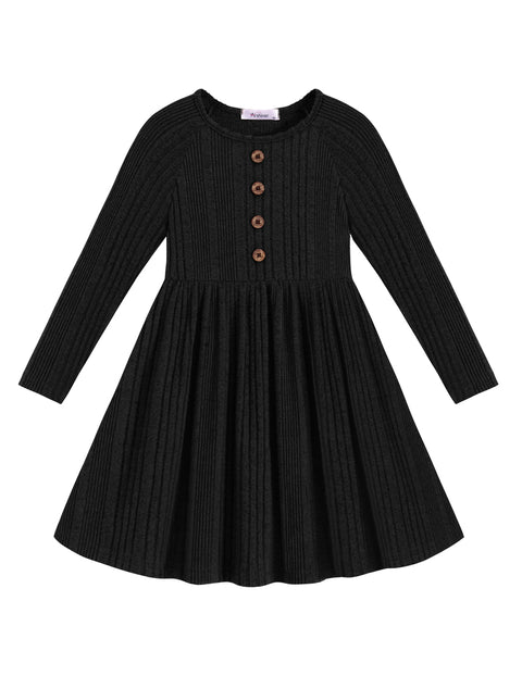 Toddler Girls Knit Sweater Dress Long Sleeve Button A-Line Fall Winter Dress - Black