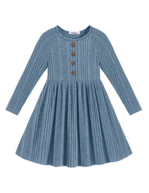 Toddler Girls Knit Sweater Dress Long Sleeve Button A-Line Fall Winter Dress - Light Blue