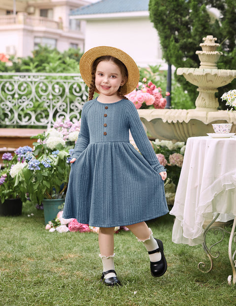 Toddler Girls Knit Sweater Dress Long Sleeve Button A-Line Fall Winter Dress - Light Blue