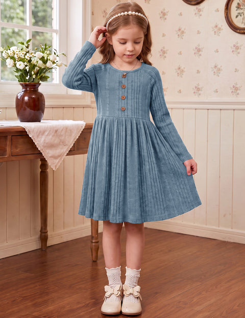 Toddler Girls Knit Sweater Dress Long Sleeve Button A-Line Fall Winter Dress - Light Blue