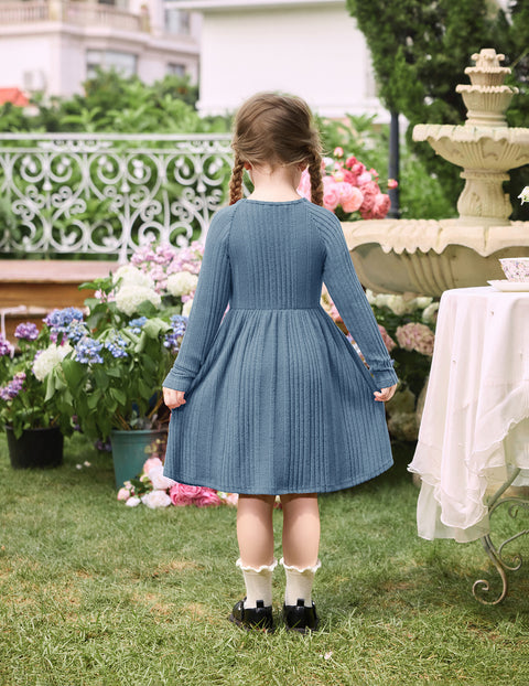 Toddler Girls Knit Sweater Dress Long Sleeve Button A-Line Fall Winter Dress - Light Blue