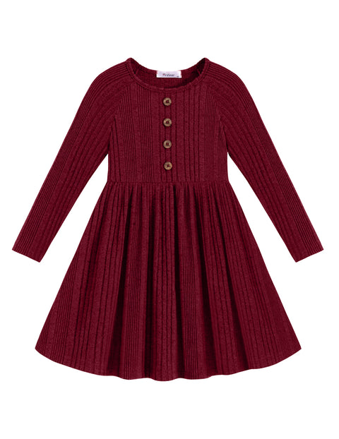 Toddler Girls Knit Sweater Dress Long Sleeve Button A-Line Fall Winter Dress - Wine Red