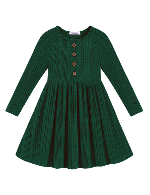 Toddler Girls Knit Sweater Dress Long Sleeve Button A-Line Fall Winter Dress - Green
