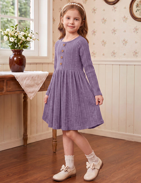 Toddler Girls Knit Sweater Dress Long Sleeve Button A-Line Fall Winter Dress - Lavender