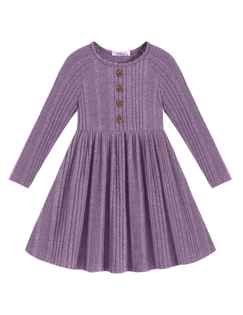 Toddler Girls Knit Sweater Dress Long Sleeve Button A-Line Fall Winter Dress - Lavender
