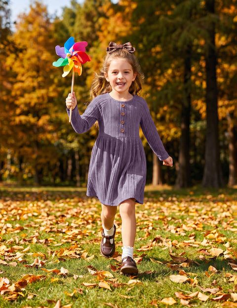 Toddler Girls Knit Sweater Dress Long Sleeve Button A-Line Fall Winter Dress - Lavender