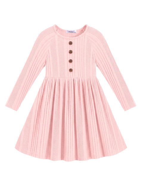 Toddler Girls Knit Sweater Dress Long Sleeve Button A-Line Fall Winter Dress - Pink