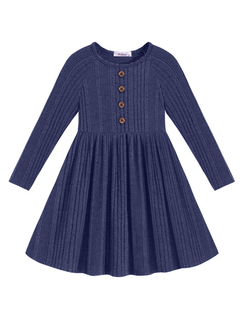 Toddler Girls Knit Sweater Dress Long Sleeve Button A-Line Fall Winter Dress - Navy Blue