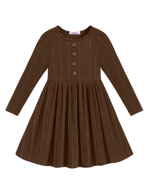 Toddler Girls Knit Sweater Dress Long Sleeve Button A-Line Fall Winter Dress - Brown