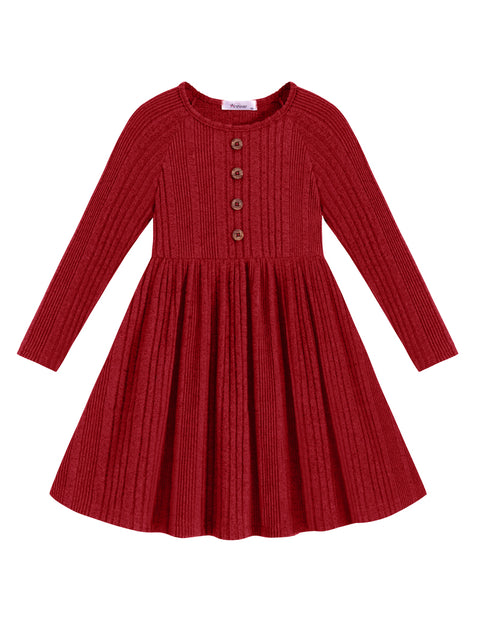 Toddler Girls Knit Sweater Dress Long Sleeve Button A-Line Fall Winter Dress - Red
