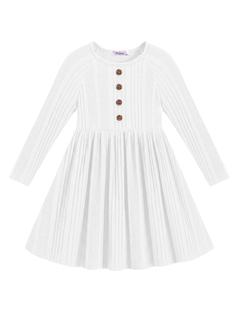 Toddler Girls Knit Sweater Dress Long Sleeve Button A-Line Fall Winter Dress - White