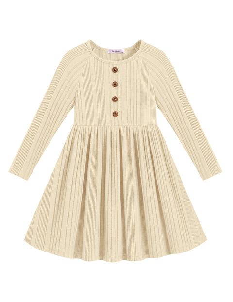 Toddler Girls Knit Sweater Dress Long Sleeve Button A-Line Fall Winter Dress - Beige