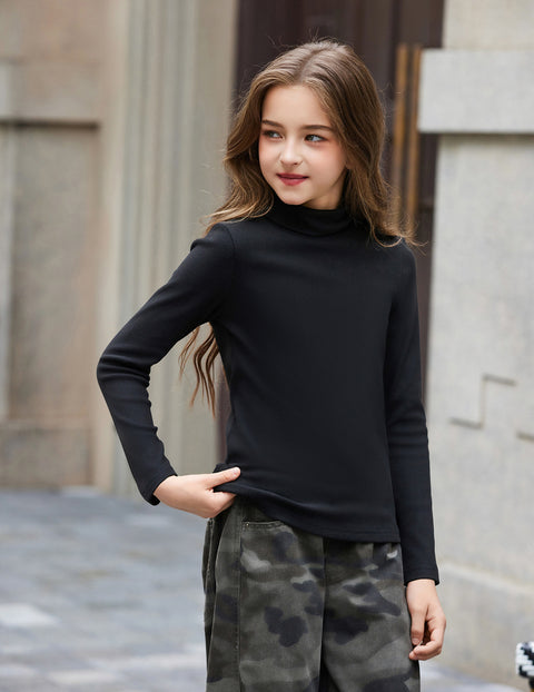 Girls Long Sleeve Turtleneck Shirt Ribbed Stretchy Base Layer Top - Black