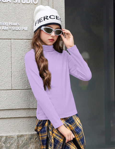Girls Long Sleeve Turtleneck Shirt Ribbed Stretchy Base Layer Top - Purple