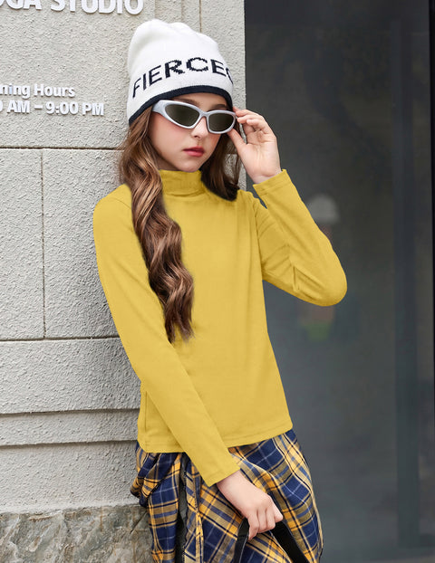 Girls Long Sleeve Turtleneck Shirt Ribbed Stretchy Base Layer Top - Yellow