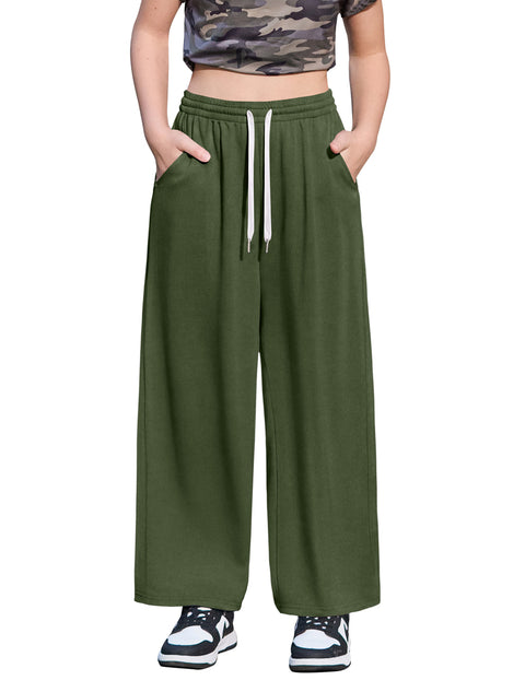 Girls Baggy Wide Leg Sweatpants with Pockets Drawstring French Terry Pants - Army Green