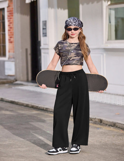 Girls Baggy Wide Leg Sweatpants with Pockets Drawstring French Terry Pants - Black