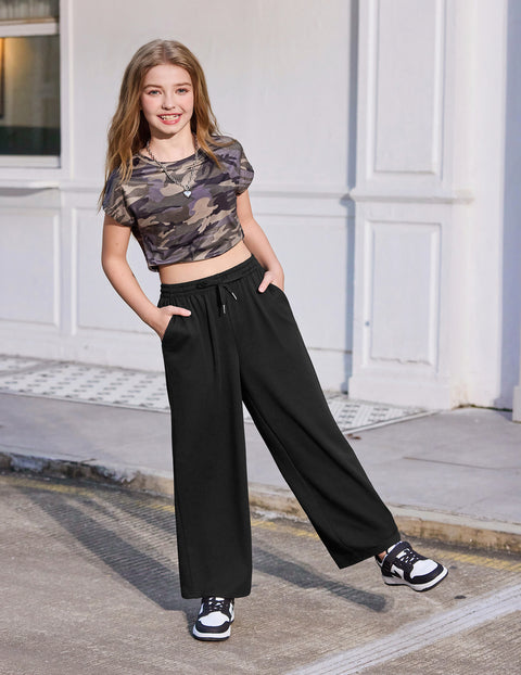Girls Baggy Wide Leg Sweatpants with Pockets Drawstring French Terry Pants - Black