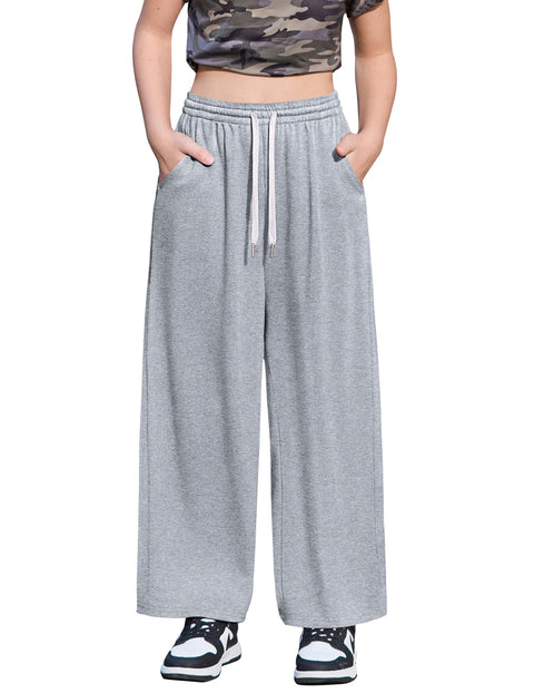 Girls Baggy Wide Leg Sweatpants with Pockets Drawstring French Terry Pants - Grey