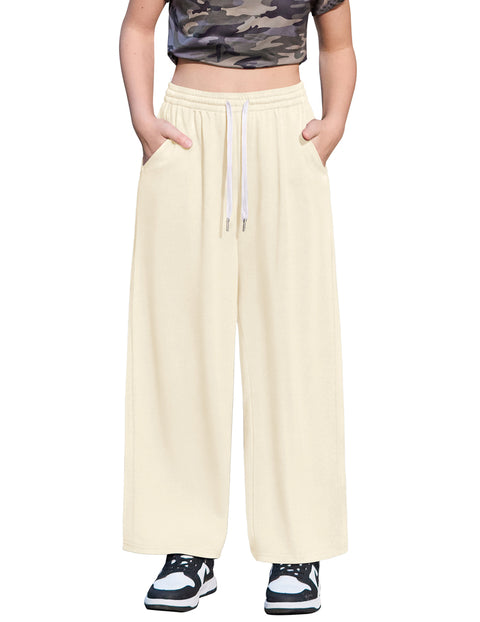 Girls Baggy Wide Leg Sweatpants with Pockets Drawstring French Terry Pants - Beige