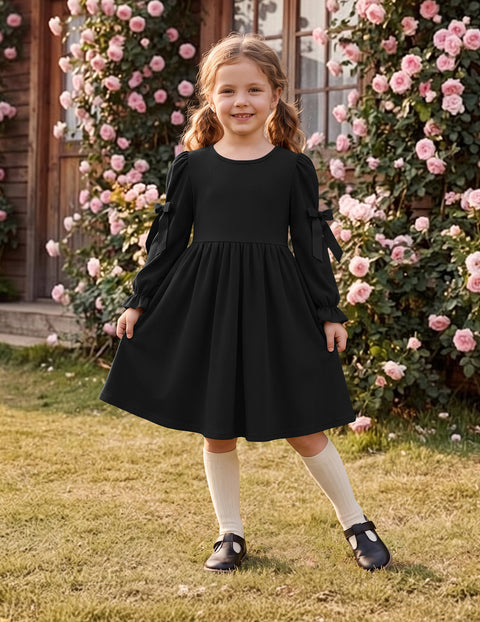 Toddler Girls Puff Sleeve Dress Satin Bow Ruched Fall Winter Party Dress - Black