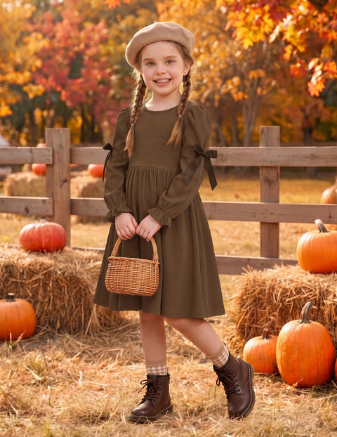 Toddler Girls Puff Sleeve Dress Satin Bow Ruched Fall Winter Party Dress - Brown