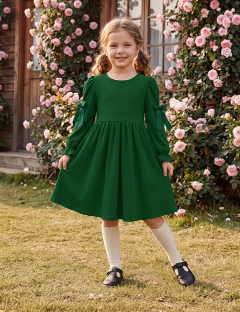 Toddler Girls Puff Sleeve Dress Satin Bow Ruched Fall Winter Party Dress - Green
