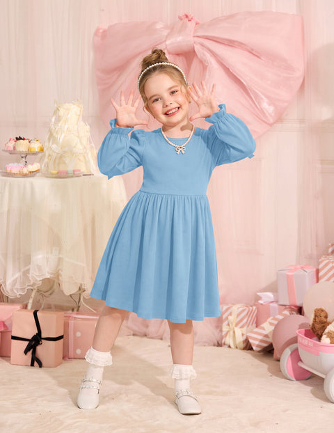 Toddler Girls Puff Sleeve Dress Satin Bow Ruched Fall Winter Party Dress - Light Blue