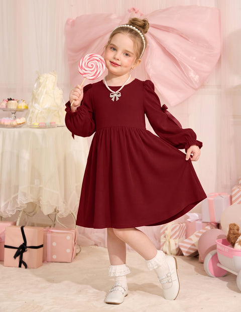Toddler Girls Puff Sleeve Dress Satin Bow Ruched Fall Winter Party Dress - Wine Red