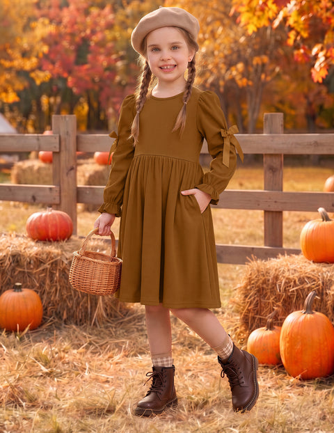Toddler Girls Puff Sleeve Dress Satin Bow Ruched Fall Winter Party Dress - Caramel