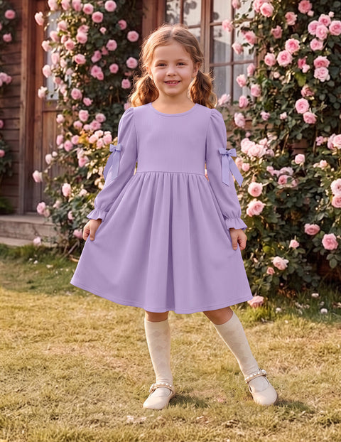 Toddler Girls Puff Sleeve Dress Satin Bow Ruched Fall Winter Party Dress - Lilac